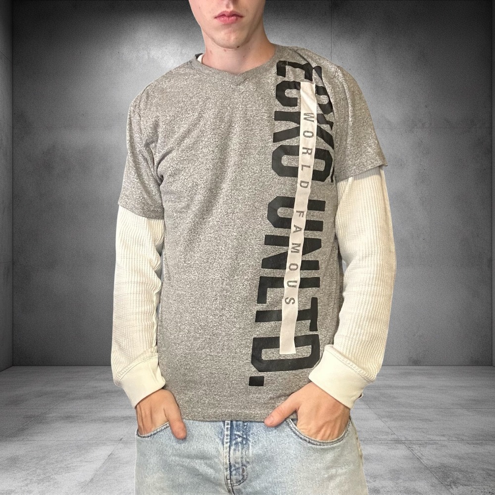 Ecko Unltd Mens V-Neck Graphic T-Shirt Gray Large Y2K Streetwear Skater Tee